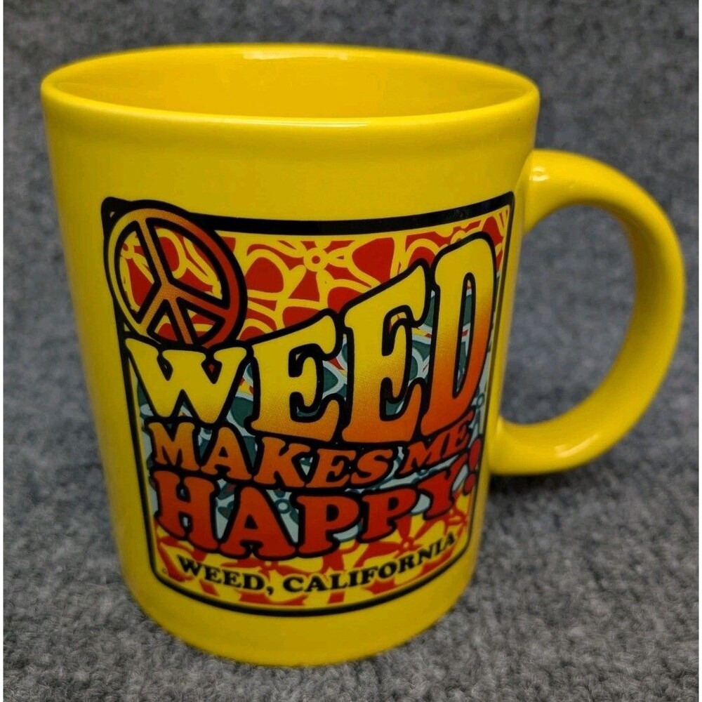 Weed California Mug “Weed Makes Me Happy” Yellow Coffee Cup Novelty Souvenir